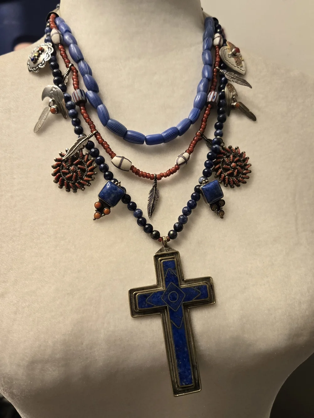 Vintage 925 Tasco Layered Blue & Coral Beaded Cross Necklace - Unbranded